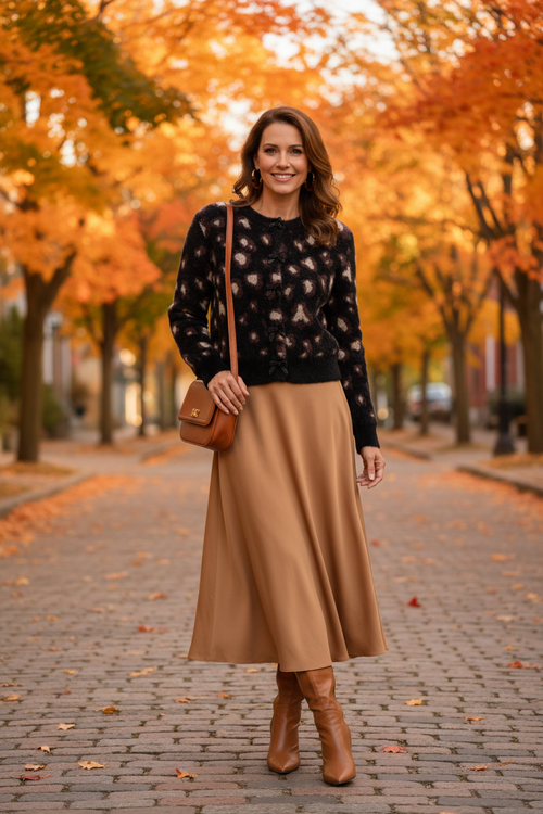 Look 4 – Repentigny, jupe midi camel, ambiance chaleureuse
