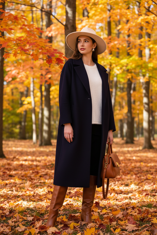 Look 5 · Veste longue marine · Forêt d'érables