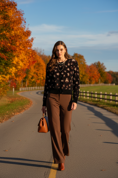 Look 6 – Lanaudière, pantalon brun chocolat, route automnale