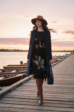 Look 8 · Veste longue marine · Bord du fleuve au coucher de soleil