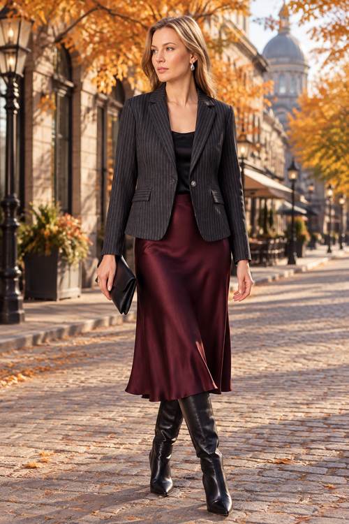 Look jupe bordeaux au Vieux-Montréal