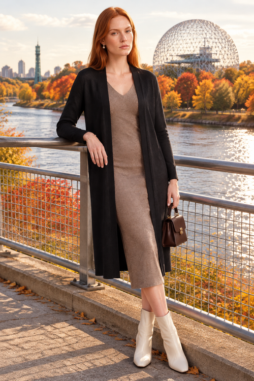 Look robe taupe au parc Jean-Drapeau