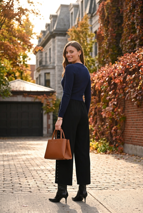 Maille marine et sac cognac, vue de dos dans une ruelle patrimoniale