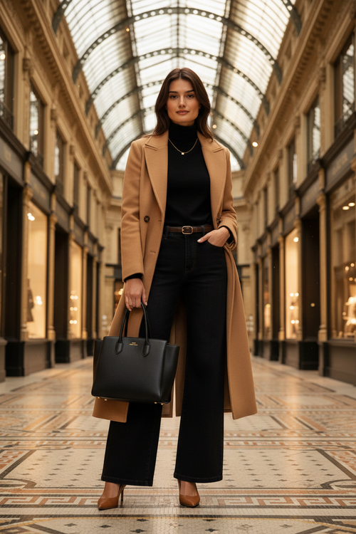 Noir – Look 1 : Turtleneck & manteau camel, Galerie Vivienne