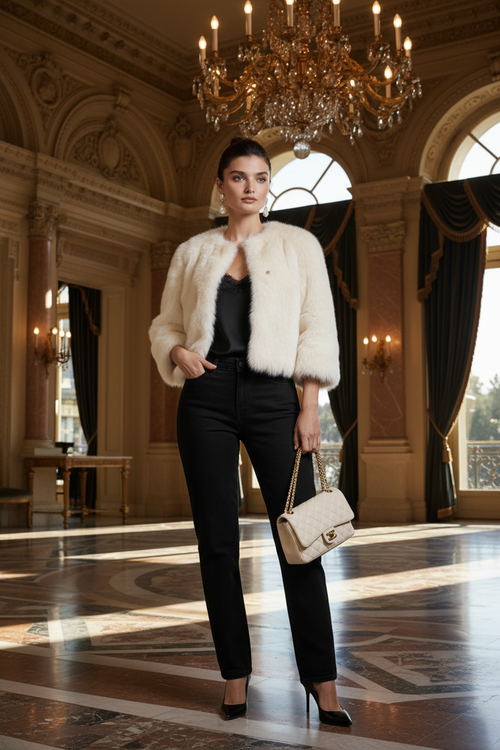 Noir – Look 3 : Fourrure ivoire & hôtel parisien