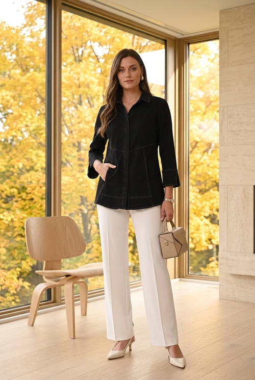 Noir, pantalon blanc ample et accessoires épurés pour un contraste graphique