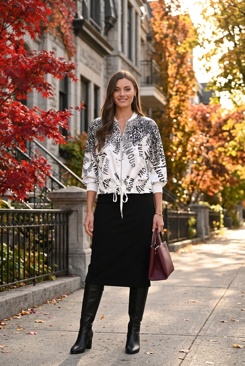 Nouveau mannequin, jupe noire et accessoires bourgogne