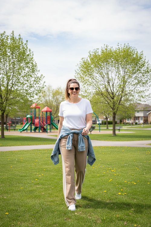 Pantalon beige dans un parc de banlieue