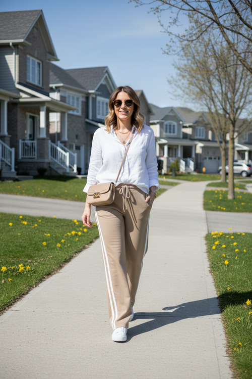 Pantalon beige dans un quartier résidentiel québécois