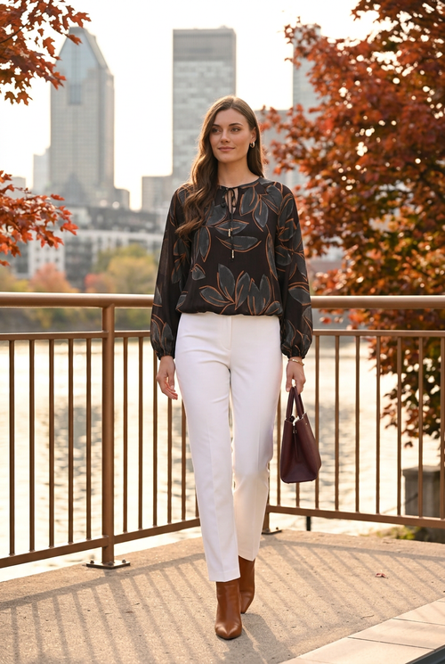 Pantalon blanc et accessoires cognac, lumière dorée au bord de l’eau