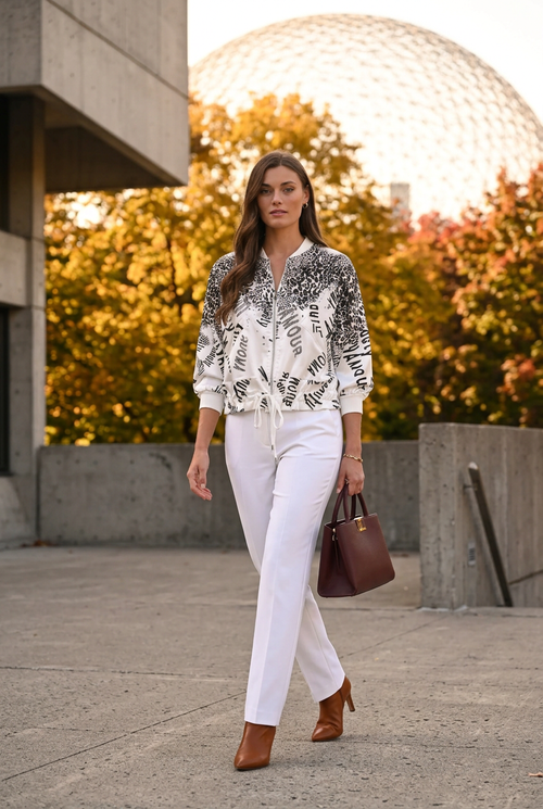 Pantalon blanc structuré et accessoires cognac, automne au parc Jean-Drapeau