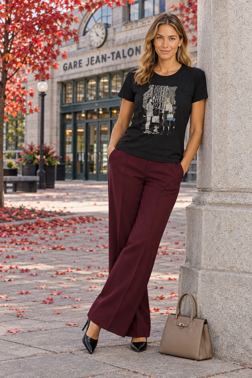 Pantalon bourgogne devant la gare Jean-Talon