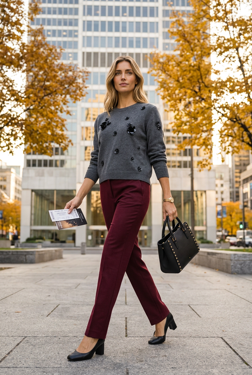 Pantalon bourgogne pour une sortie culturelle au centre-ville
