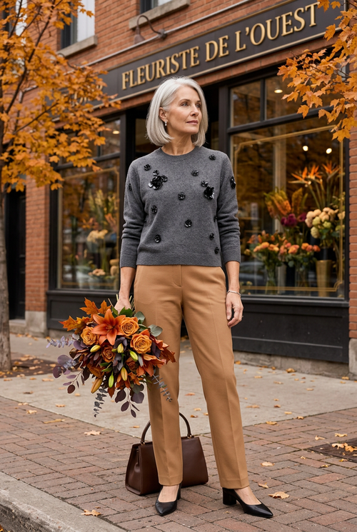 Pantalon camel et sac chocolat chez un fleuriste de Saint-Henri