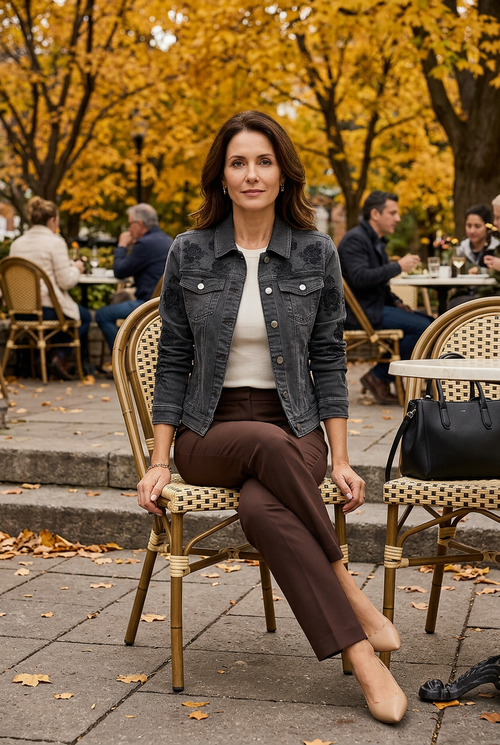 Pantalon chocolat et haut off white sur une terrasse à Outremont
