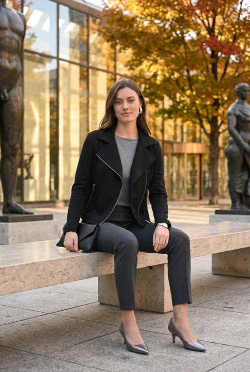 Pantalon cigarette charcoal et accessoires argentés pour une exposition de design