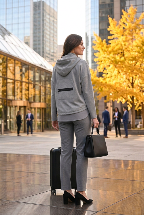 Pantalon gris à coupe étroite et accessoires noirs pour voyager, vue de dos