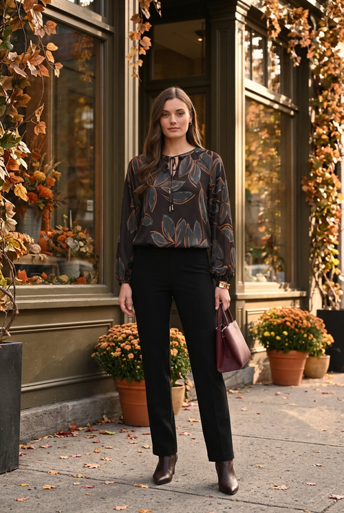Pantalon noir et accessoires bourgogne, devant une boutique fleurie