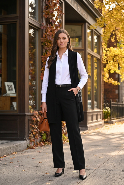 Pantalon noir structuré, chemise blanche et sac cognac, avenue Bernard