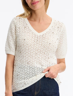 Chandail tricot ajouré col V à perles – PE447 – Un haut féminin et lumineux pour une allure chic et raffinée – Léo & Ugo