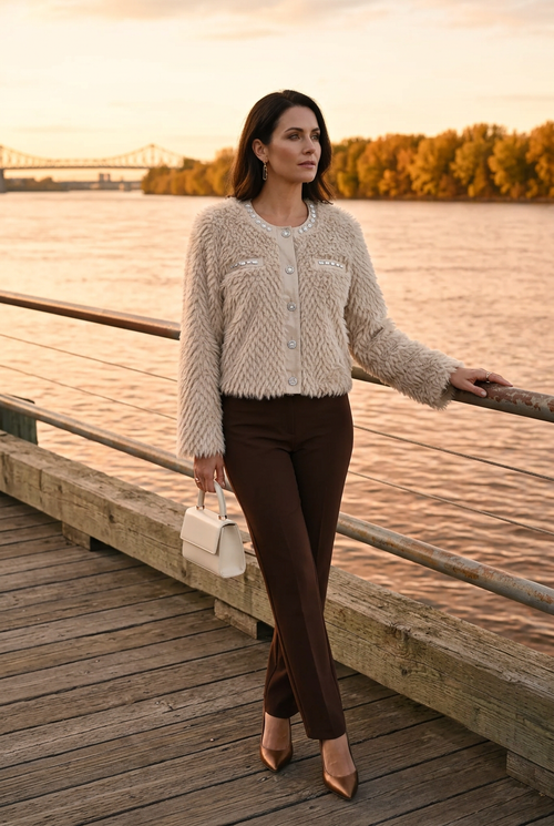 Pose près du fleuve au coucher du soleil, pantalon chocolat et sac ivoire