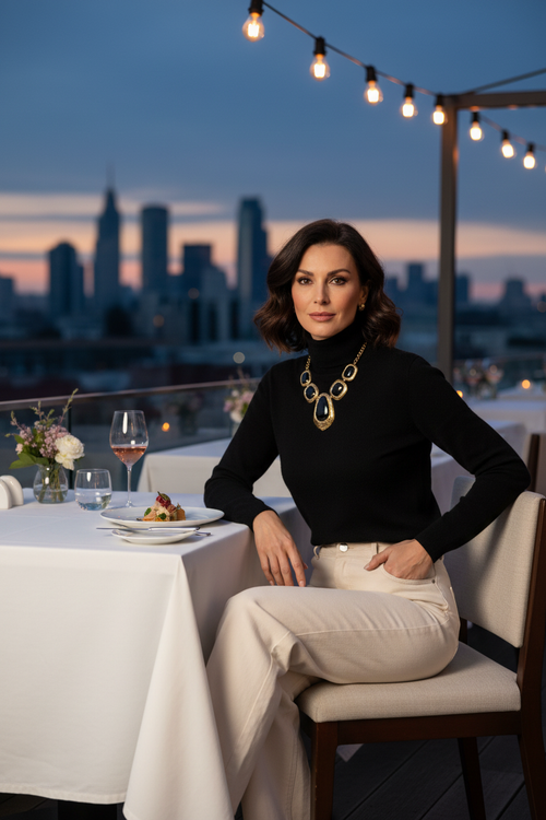Restaurant sur toit - col roulé noir et collier
