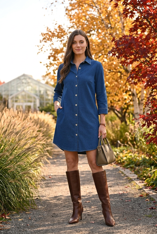 Robe bleue, bottes brunes et sac kaki au Jardin botanique