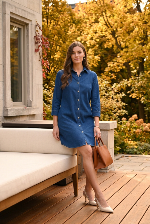 Robe bleue, escarpins crème et sac cognac pour recevoir à déjeuner