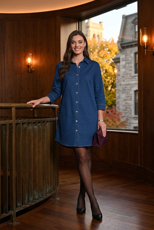 Robe bleue, pochette prune et escarpins noirs pour un dîner