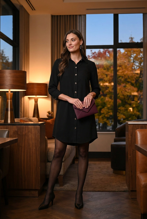 Robe noire, dîner avec pochette prune et escarpins noirs
