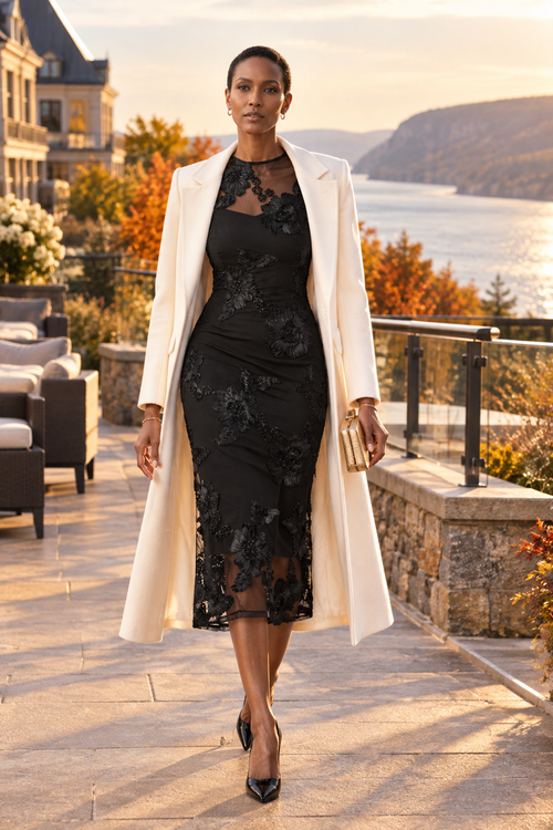 Robe noire et manteau ivoire dans Charlevoix