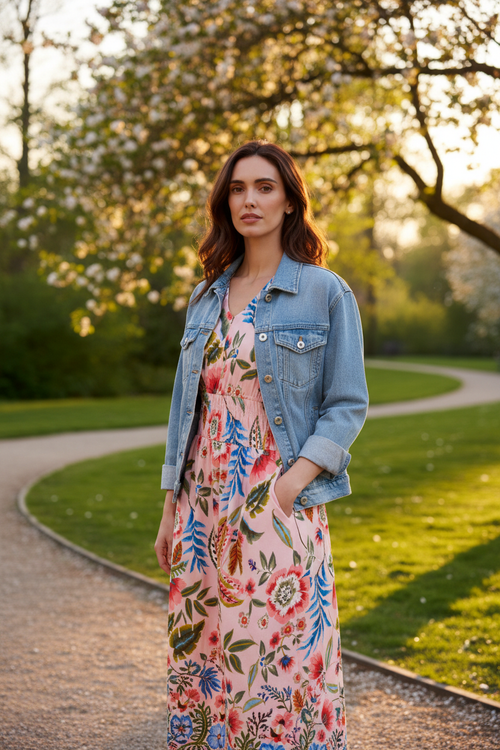 Robe rose floral ourlet brodé avec veste jean - Parc