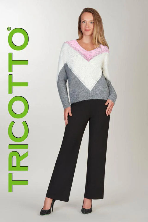 Pull Tricotto T-350 motifs contrastés en V pour femme – Moderne et structuré, parfait pour quotidien, bureau et sorties