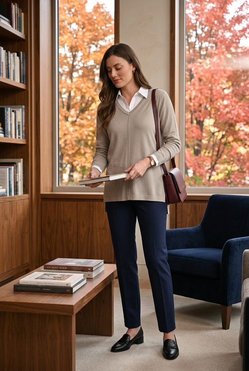 Scorzzo 0599.fw26 — Chemise blanche superposée et pantalon cigarette marine, après-midi de lecture