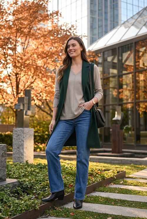 Scorzzo 0599.fw26 — Long gilet sans manches vert et jean ample, fin de semaine chic