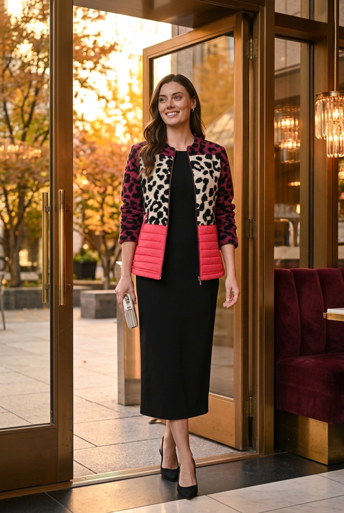 Scorzzo 226014 — Veste ouverte sur une robe noire, dîner au restaurant