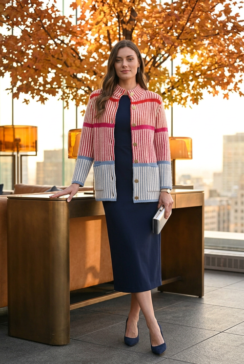 Scorzzo 226044 — Cardigan ouvert sur une robe marine, 4 à 7 chic