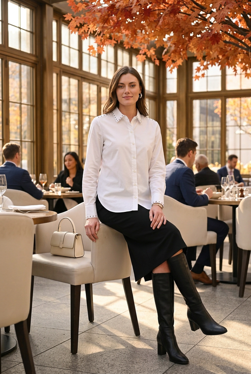 Scorzzo 226801 — Jupe noire ajustée et bottes hautes, déjeuner raffiné