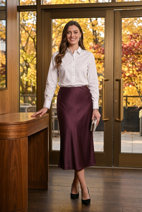 Scorzzo 226801 — Jupe satinée prune et accessoires argentés, 4 à 7 chic