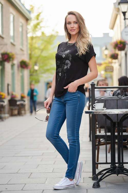 T-shirt noir avec jeans casual actif