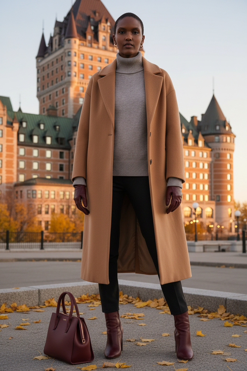 Taupe Look 2 – Château Frontenac, manteau camel