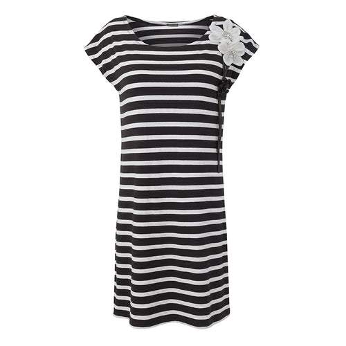 Robe rayée noir et blanc à imprimé floral Tricotto 56192 – Féminité élégante et style décontracté chic pour la femme moderne