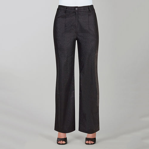 Pantalon noir à jambe droite et fini brillant subtil Tricotto F-109 – Élégance structurée et sophistication pour la femme moderne, du bureau aux sorties chic