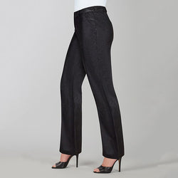 Pantalon noir à jambe droite et fini brillant subtil Tricotto F-109 – Élégance structurée et sophistication pour la femme moderne, du bureau aux sorties chic