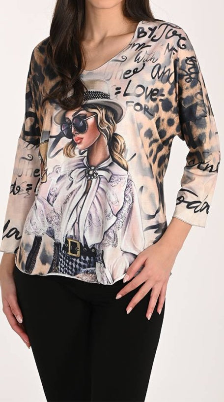 Haut Frank Lyman 266562 – Imprimé Floral Contrasté Tan & Noir, Pour la Femme Chic & Contemporaine