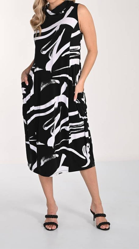 Robe midi graphique Frank Lyman 266240 en tricot noir et blanc – Élégance moderne pour le bureau, sorties et événements chics