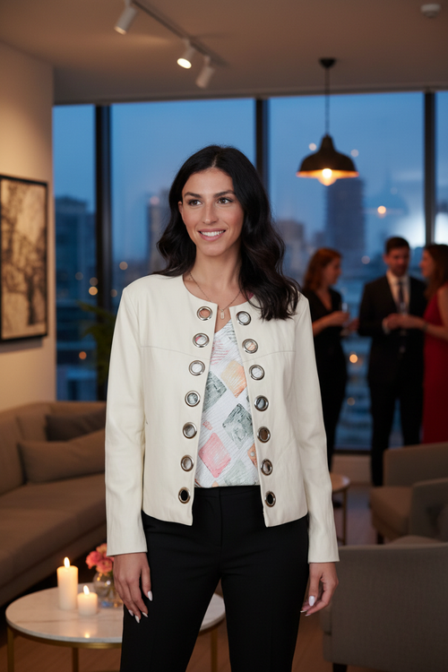 Veste blanche boutons argentés avec haut élégant - Soirée