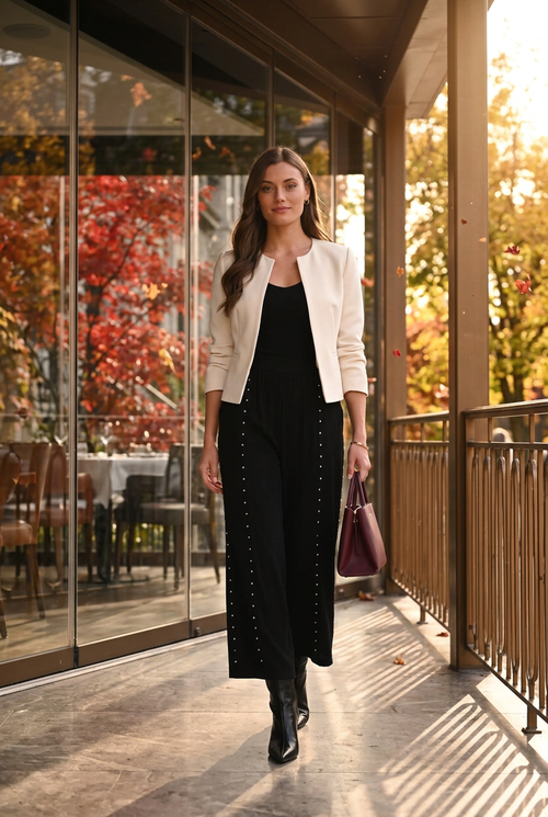 Veste courte crème, camisole noire et sac bourgogne, terrasse automnale