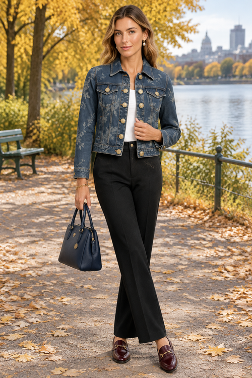 Veste fleurie et pantalon noir au parc Dufresne