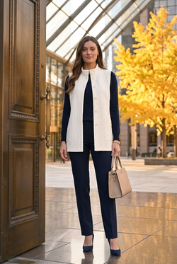 Veste ivoire, pantalon droit marine et sac beige pour une présentation professionnelle